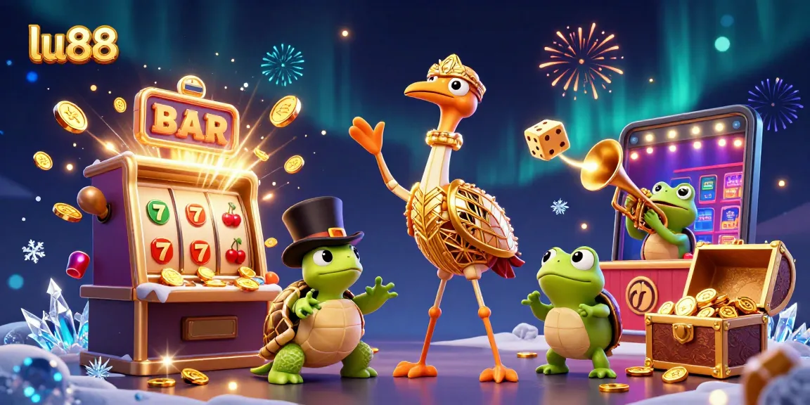 Experience exhilarating wins at lu88 with vibrant 3D casino characters and golden slot machine elements.
