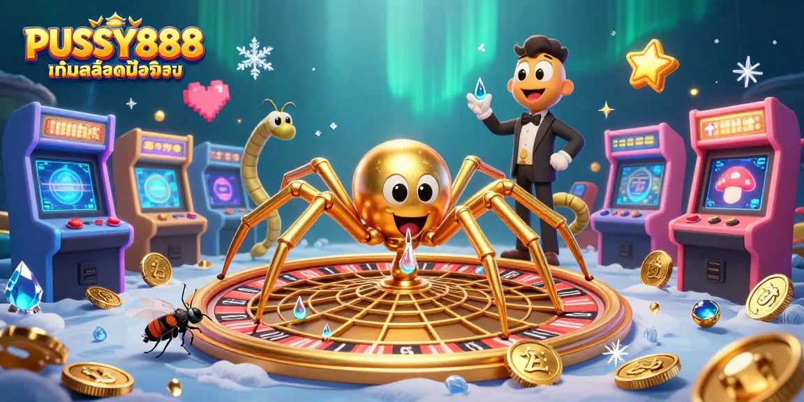 Engage with PUSSY888 เกมสล็อตมือถือ gameplay as the golden spider spins a roulette-shaped web filled with exciting game elements.