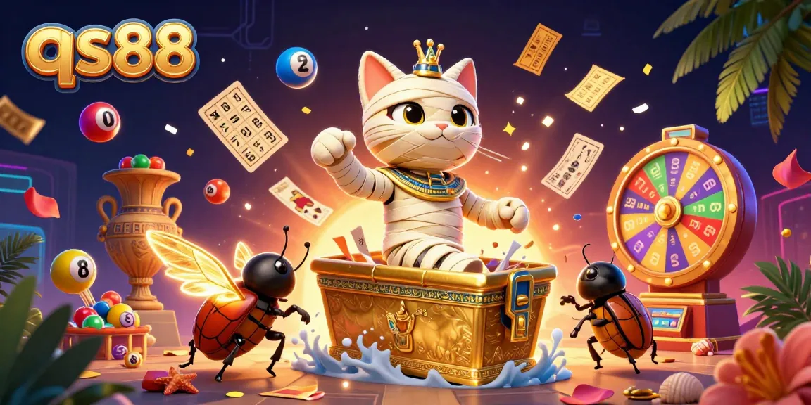 Engage with qs88's vibrant gaming world featuring an Egyptian mummy cat and colorful casino elements.