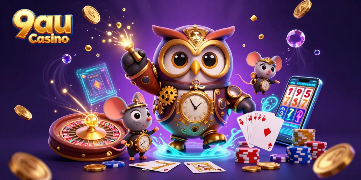 Win big at 9au casino with a vibrant scene of animated characters and casino elements.