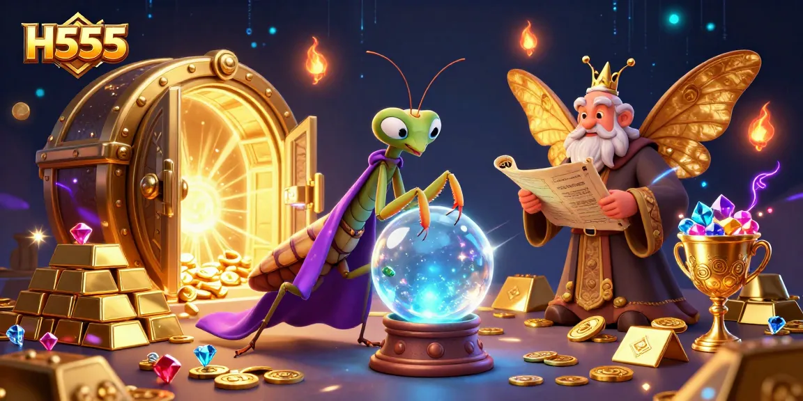 Play and win on H555 with a mystical fortune teller examining a crystal ball surrounded by gems and treasures.